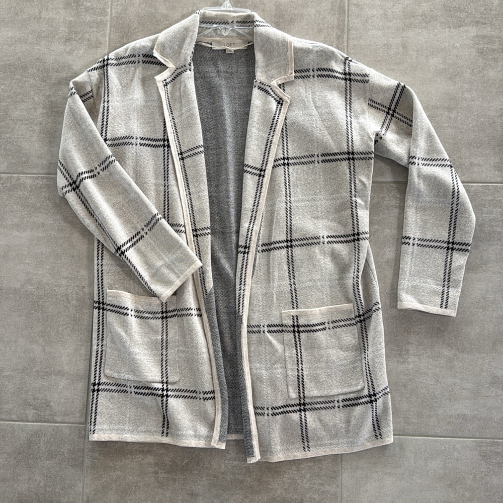 *Gently Worn* LOFT Cream & Black Plaid Open-Front Knit Duster Cardigan - Size M